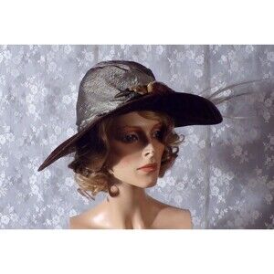 Antique Edwardian Bird Hat 1900s 1910s Wide Brim Silk Velvet Dramatic Steampunk